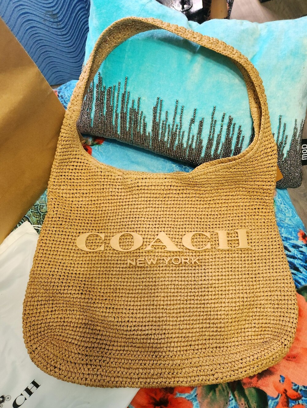 NWT Coach New York Brooklyn 39 Woven Straw Raffia Shoulder Bag in Natural Tan